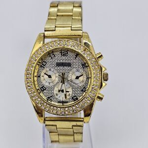 38MM Women's Watch Gray Dial Gold Crystal Bezel Bracelet Band 7.5" New Battery